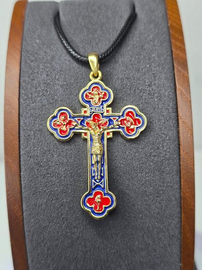 Jesus Crucifix Cross Pendant in 925 Sterling Silver with 18K Gold Plating and Enamel