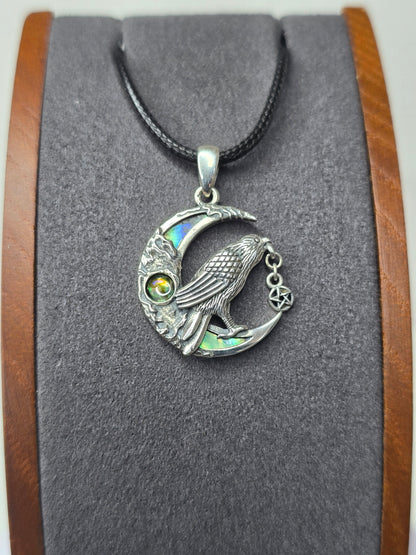 Viking Raven Moon 925 Sterling Silver Pendant Abalone Norse Pagan Amulet