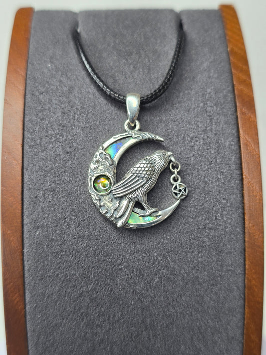 Viking Raven Moon 925 Sterling Silver Pendant Abalone Norse Pagan Amulet