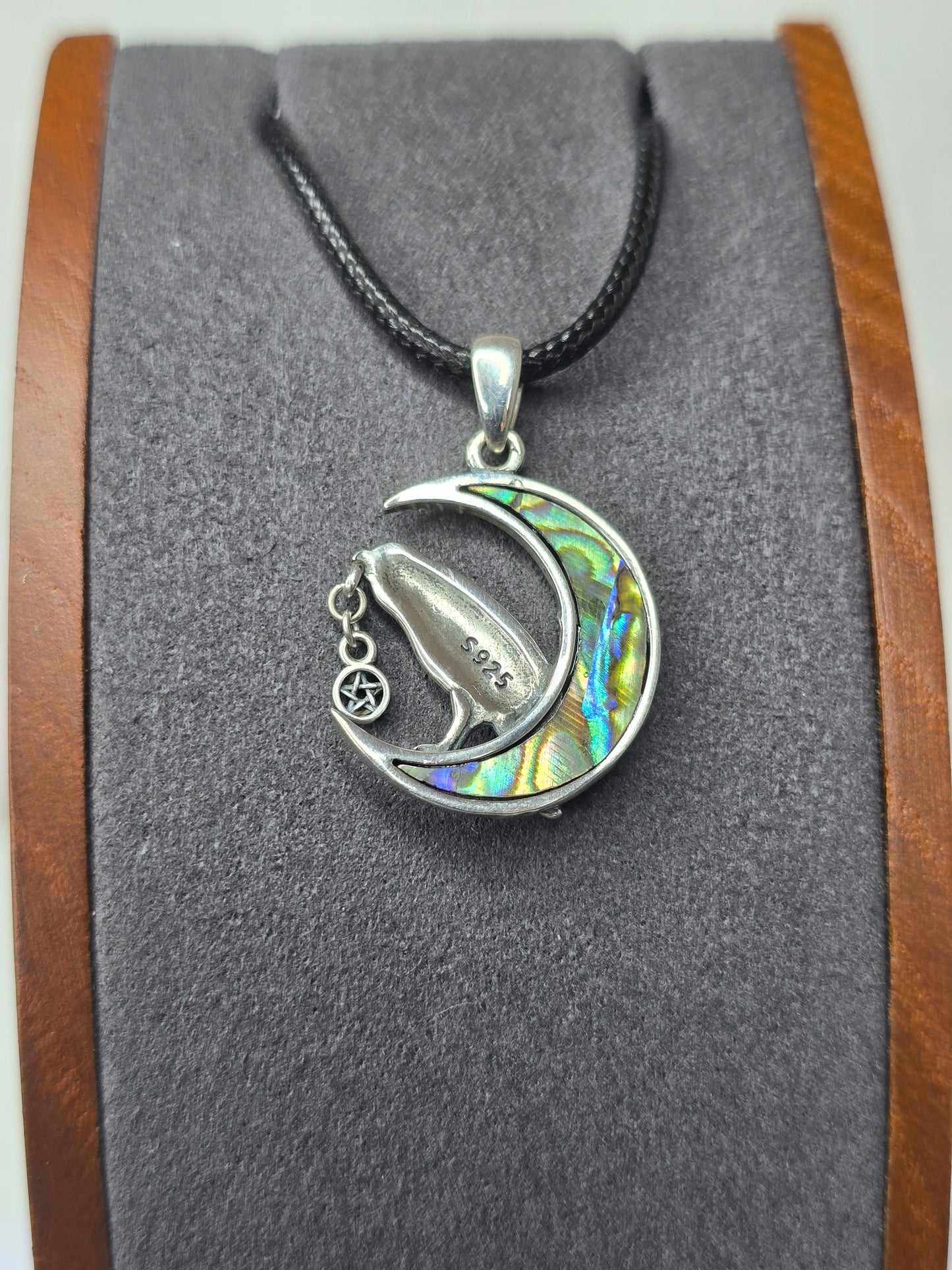Viking Raven Moon 925 Sterling Silver Pendant Abalone Norse Pagan Amulet