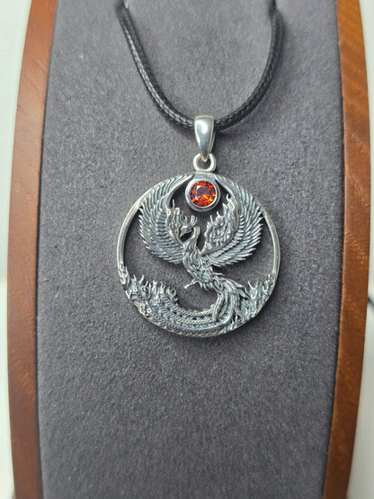 Phoenix Rising Rebirth Pendant in 925 Sterling Silver with Natural Garnet