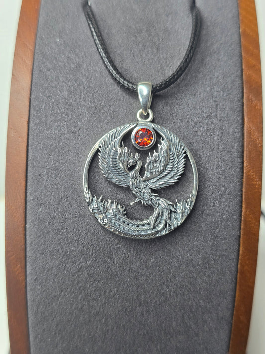 Phoenix Rising Rebirth Pendant in 925 Sterling Silver with Natural Garnet