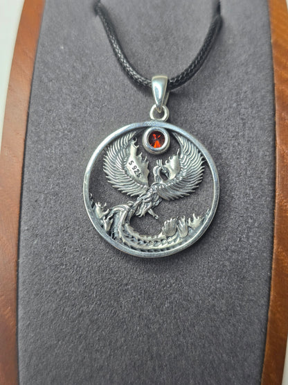 Phoenix Rising Rebirth Pendant in 925 Sterling Silver with Natural Garnet