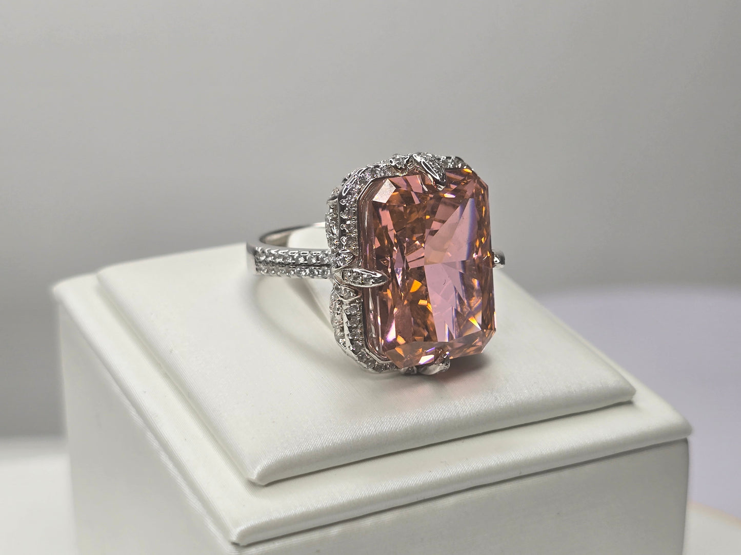 Padparadscha Style Radiant Cut Statement Ring in 925 Sterling Silver