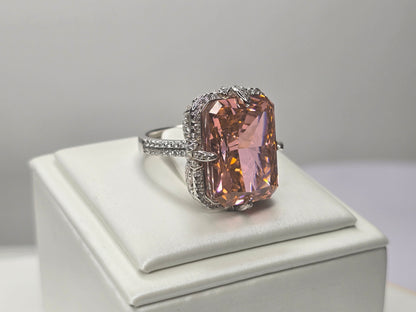 Padparadscha Style Radiant Cut Statement Ring in 925 Sterling Silver