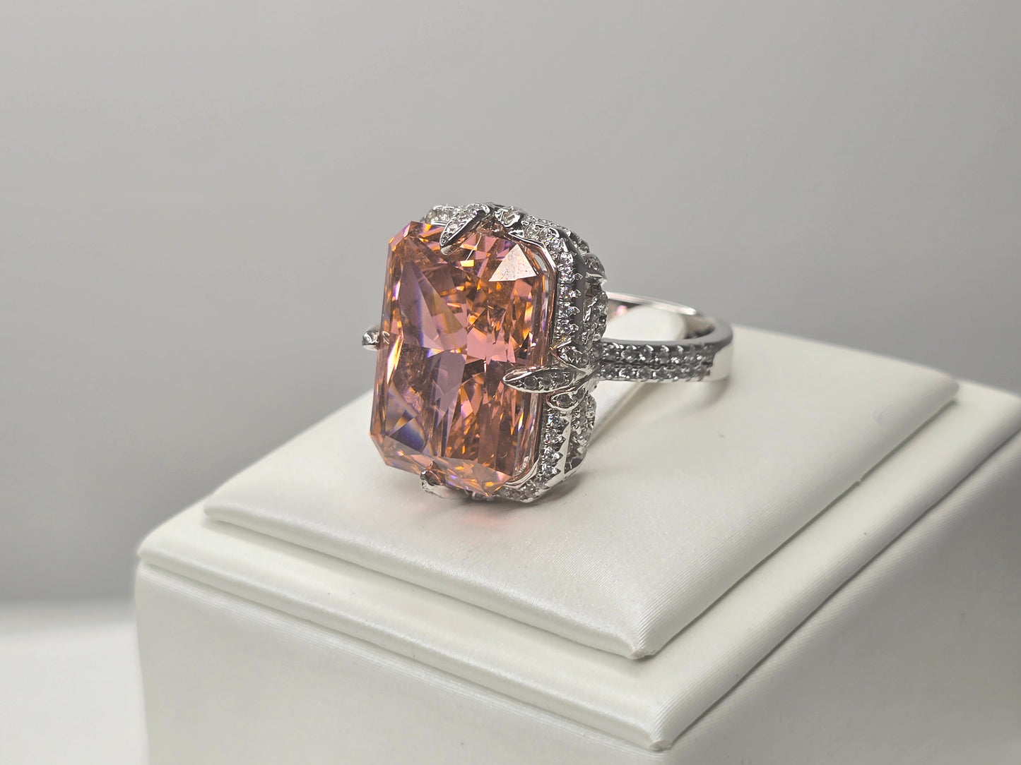 Padparadscha Style Radiant Cut Statement Ring in 925 Sterling Silver
