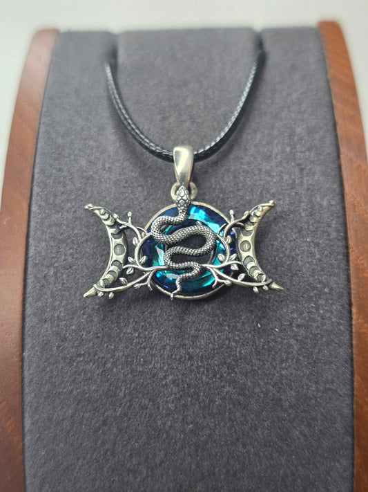 Triple Moon Snake Pendant 925 Sterling Silver Dichroic Glass