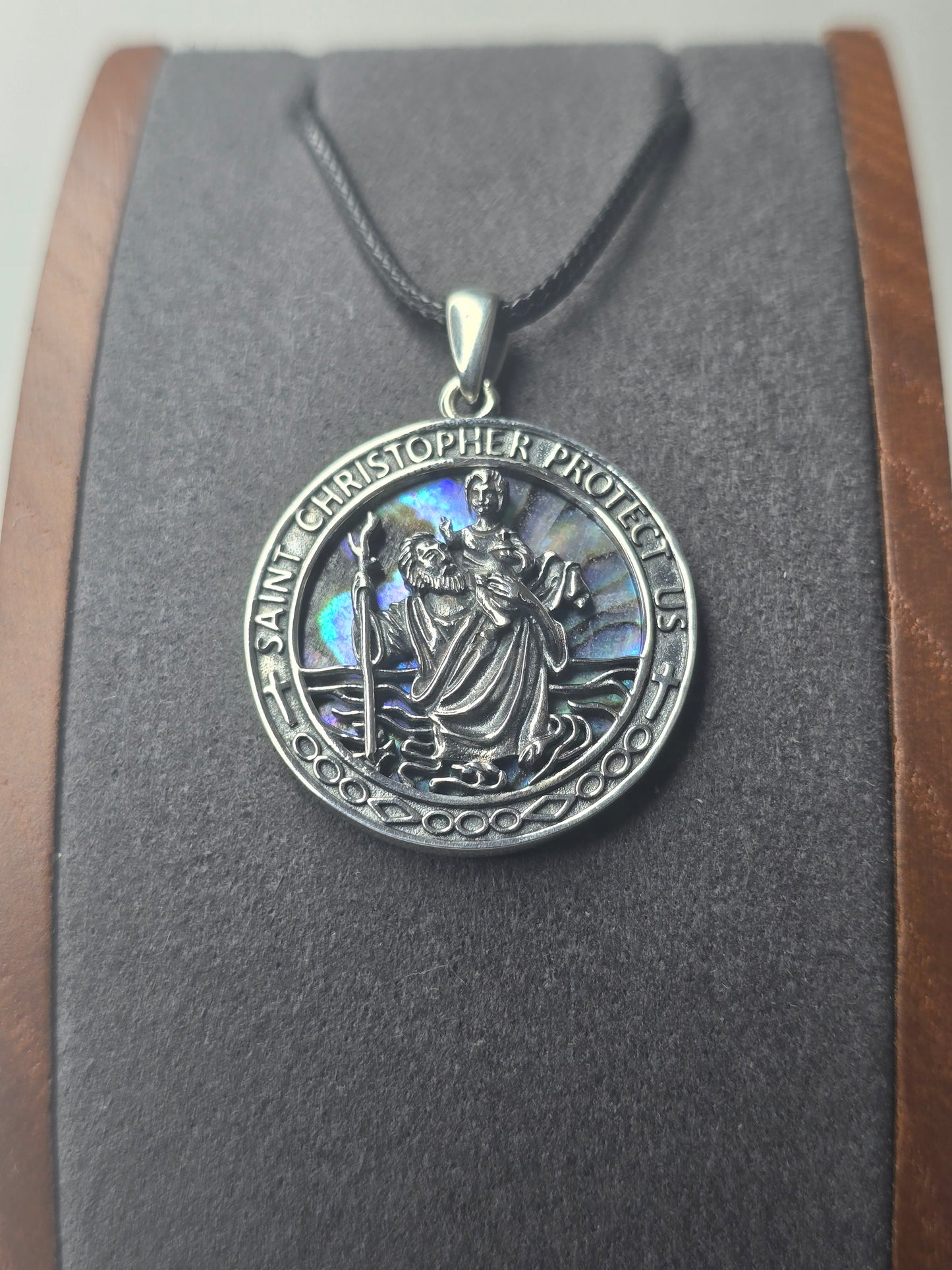Anhänger Heiliger Christophorus, 925er Sterlingsilber, mit Abalone-Inlay für Reiseschutz und Glauben