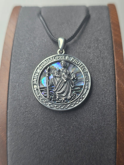 Anhänger Heiliger Christophorus, 925er Sterlingsilber, mit Abalone-Inlay für Reiseschutz und Glauben