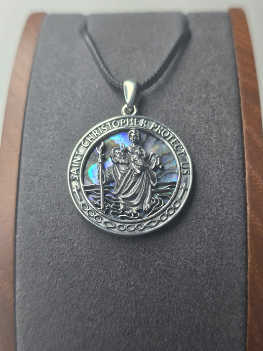 Anhänger Heiliger Christophorus, 925er Sterlingsilber, mit Abalone-Inlay für Reiseschutz und Glauben