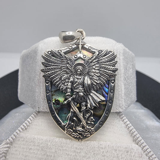 Archangel Michael Pendant Abalone Shell Background 925 Sterling Silver Angel