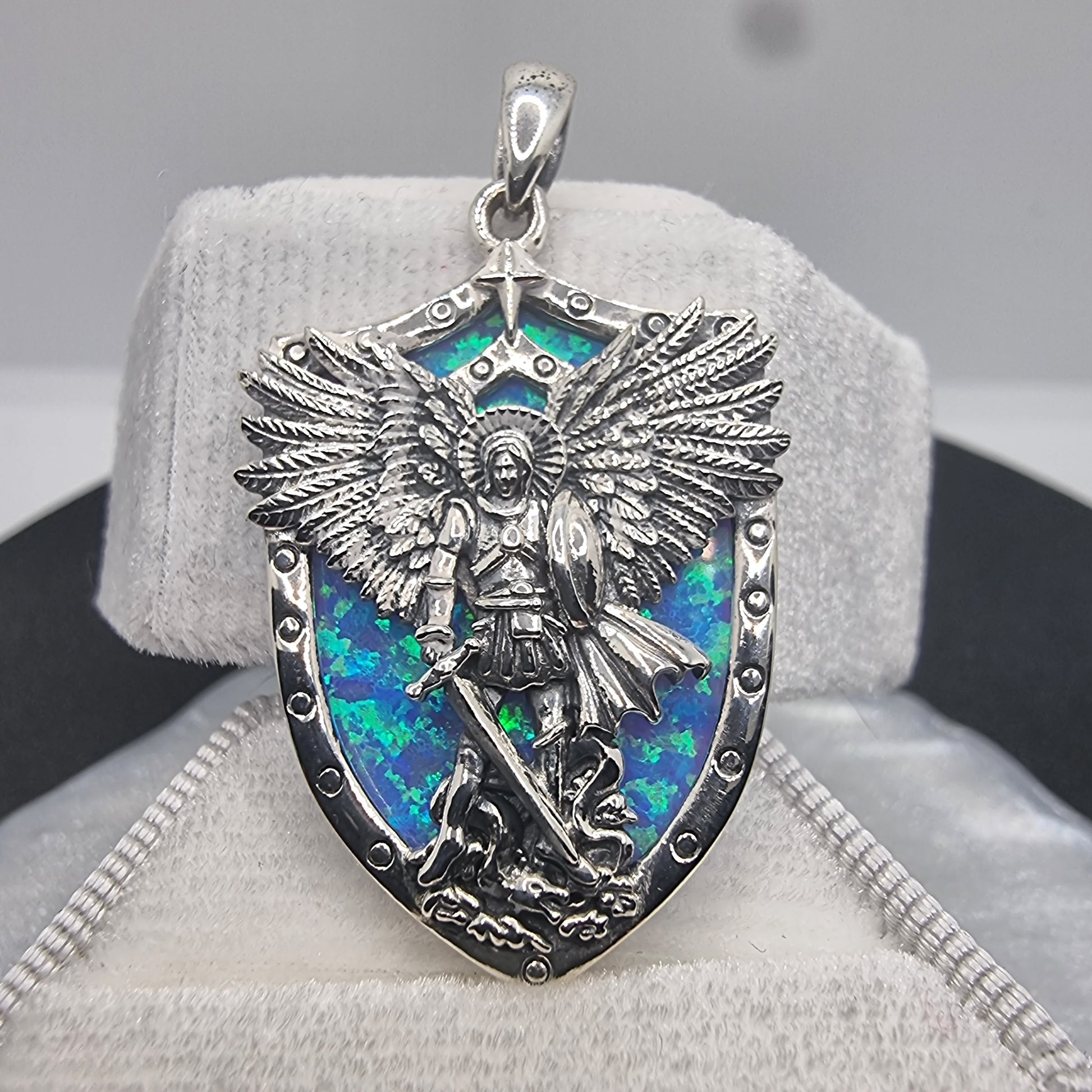 Archangel Michael Pendant with Blue Opal Shield Protection 925 Sterling Silver