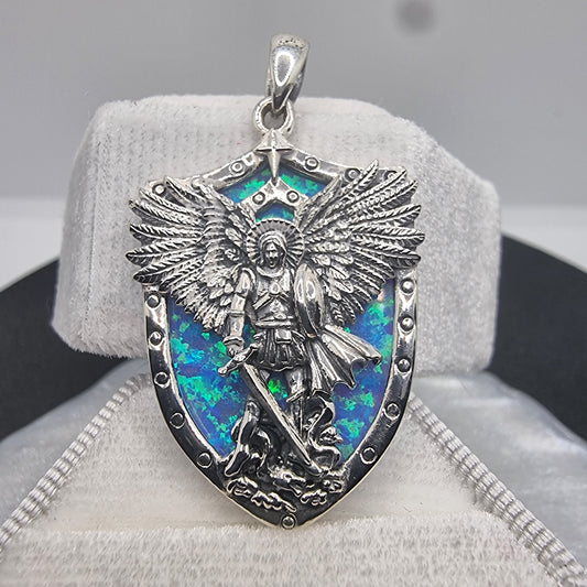 Archangel Michael Pendant with Blue Opal Shield Protection 925 Sterling Silver