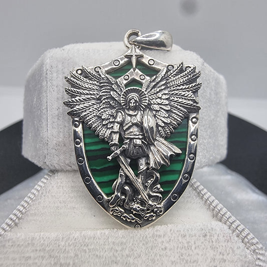 Archangel Michael Pendant with Malachite Shield 925 Sterling Silver Angel
