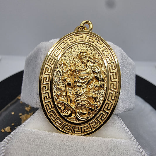 Discover the captivating essence of the sea with this intricately designed Poseidon Pendant. Plated in luxurious 18k gold, this pendant features the powerful image of Poseidon, the god of the sea, wielding his iconic trident. The finely detailed engraving brings Poseidon to life, surrounded by a classic Greek key pattern that adds to its timeless appeal.

Crafted from high-quality 925 Sterling Silver, this pendant combines durability with a touch of opulence, making it a standout addition to any jewelry col