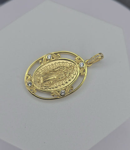 Virgin Mary Our Lady of Guadalupe Miraculous Medal Pendant 925 Sterling Silver 18K Gold Plated CZ