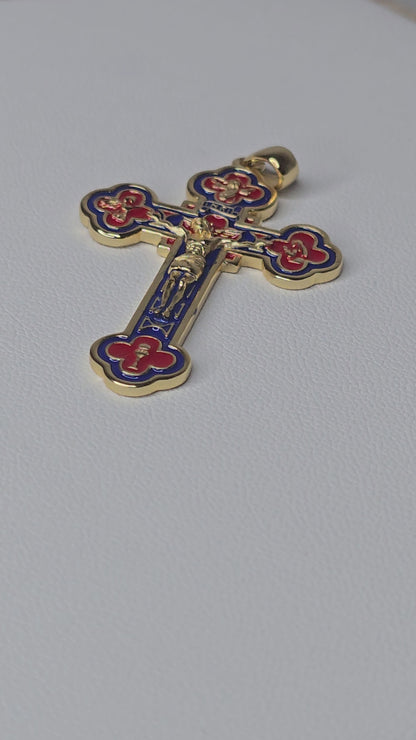 Jesus Crucifix Cross Pendant in 925 Sterling Silver with 18K Gold Plating and Enamel