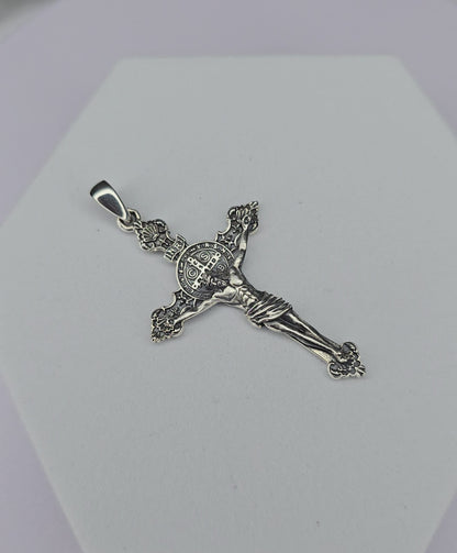 Anhänger mit Kruzifix des Heiligen Benedikt, 925er Sterlingsilber, Kreuzmedaille, Amulett für Schutz und Glauben
