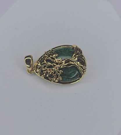 Tree of Life Pendant 925 Sterling Silver 18K Gold Plated Malachite Teardrop