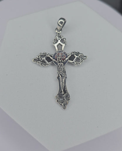 Jesus Crucifix Cross Pendant in 925 Sterling Silver with Black Enamel