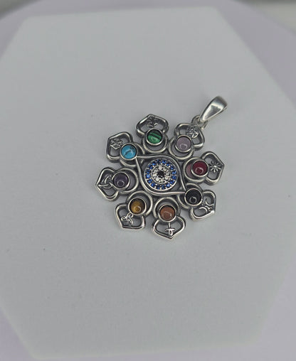 Pentagram Lotus Evil Eye Pendant in 925 Sterling Silver with 9 Gemstones