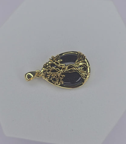 Tree of Life Pendant 925 Sterling Silver Gold Plated Blue Goldstone Teardrop