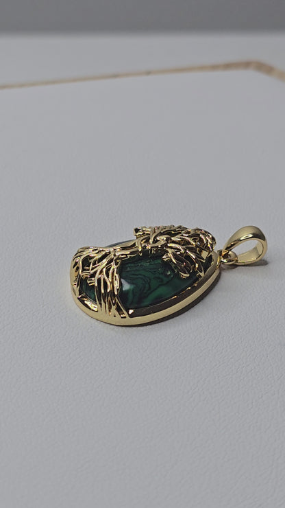 Tree of Life Pendant 925 Sterling Silver 18K Gold Plated Malachite Teardrop